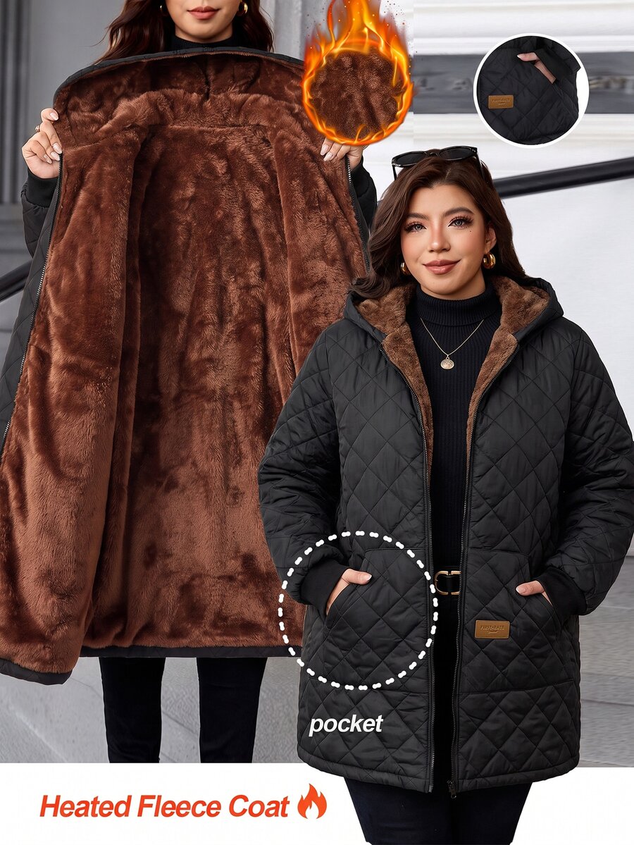 SHEIN CURVE+ Plus Size Thermal Lined Fashion Hooded Solid Color Jacket ...