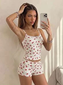 SHEIN ICON Bow Print Camisole Tank Top Ultra Short Casual 2 Pieces Set For Girls - Apricot - View 1
