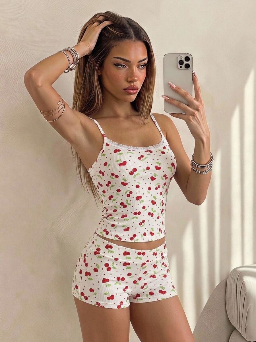 SHEIN ICON Bow Print Camisole Tank Top Ultra Short Casual 2 Pieces Set For Girls - Apricot - View 1