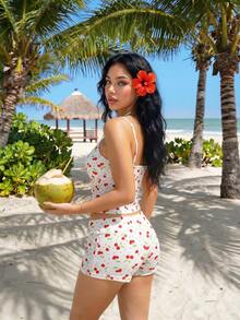 SHEIN ICON Bow Print Camisole Tank Top Ultra Short Casual 2 Pieces Set For Girls - Apricot - View 2