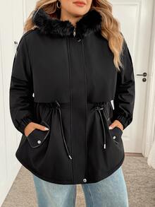 SHEIN CURVE+ Plus Size 22W Women Casual Zip-Up Hooded Drawstring Waist Long Sleeve Fleece Jacket - Black - View 3