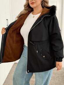 SHEIN CURVE+ Plus Size 22W Women Casual Zip-Up Hooded Drawstring Waist Long Sleeve Fleece Jacket - Black - View 10
