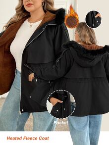 SHEIN CURVE+ Plus Size 22W Women Casual Zip-Up Hooded Drawstring Waist Long Sleeve Fleece Jacket - Black - View 1