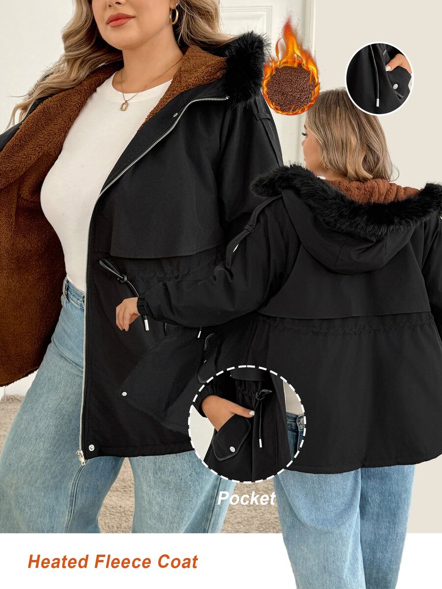 SHEIN CURVE+ Plus Size 22W Women Casual Zip-Up Hooded Drawstring Waist Long Sleeve Fleece Jacket - Black - View 1