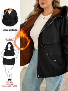 SHEIN CURVE+ Plus Size 22W Women Casual Zip-Up Hooded Drawstring Waist Long Sleeve Fleece Jacket - Black - View 5