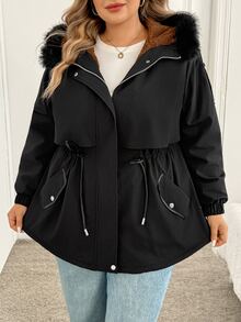 SHEIN CURVE+ Plus Size 22W Women Casual Zip-Up Hooded Drawstring Waist Long Sleeve Fleece Jacket - Black - View 4