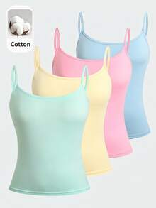 SHEIN Teen Girls Knitted Simple Casual Colorful Macaron Color Camisole Tank Top 4pcs -Piece Set, - Multicolor - View 1