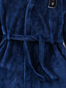 SHEIN Kids Tween Boy Simple Letter Pattern Drawstring Waist Hooded Bathrobe, Soft Comfortable Double-Sided Fleece Loungewear Pajama Set Autumn/Winter - Royal Blue - View 6