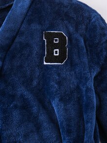 SHEIN Kids Tween Boy Simple Letter Pattern Drawstring Waist Hooded Bathrobe, Soft Comfortable Double-Sided Fleece Loungewear Pajama Set Autumn/Winter - Royal Blue - View 5