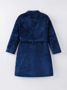 SHEIN Kids Tween Boy Simple Letter Pattern Drawstring Waist Hooded Bathrobe, Soft Comfortable Double-Sided Fleece Loungewear Pajama Set Autumn/Winter - Royal Blue - View 3