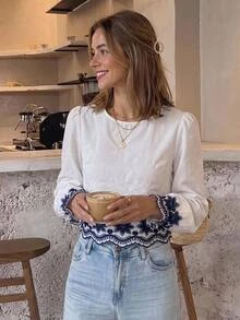Serisse 女款花卉印花休閒日常穿著襯衫，秋冬優雅正式奢華商務時尚基本款，聖誕節返校季新年節慶 - 藍白色 - 查看 3