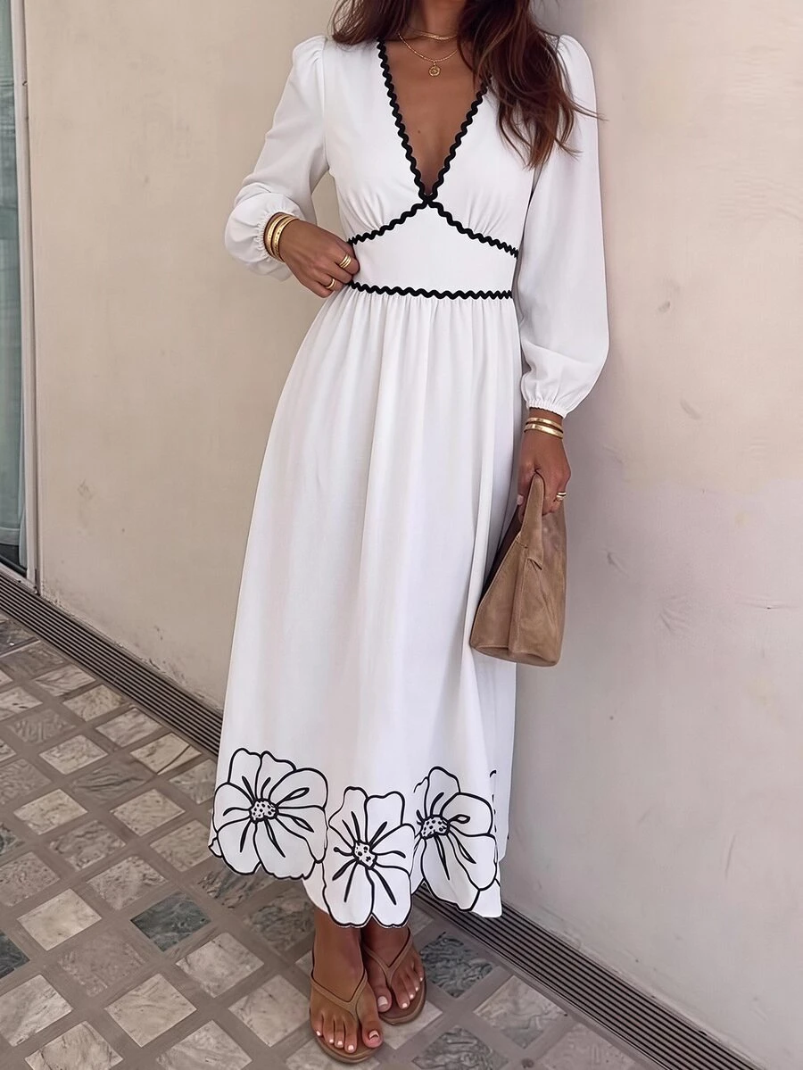 Vivid Eden Elegant Embroidered V-Neck Vacation Autumn/Winter Dress - Black and White - View 1