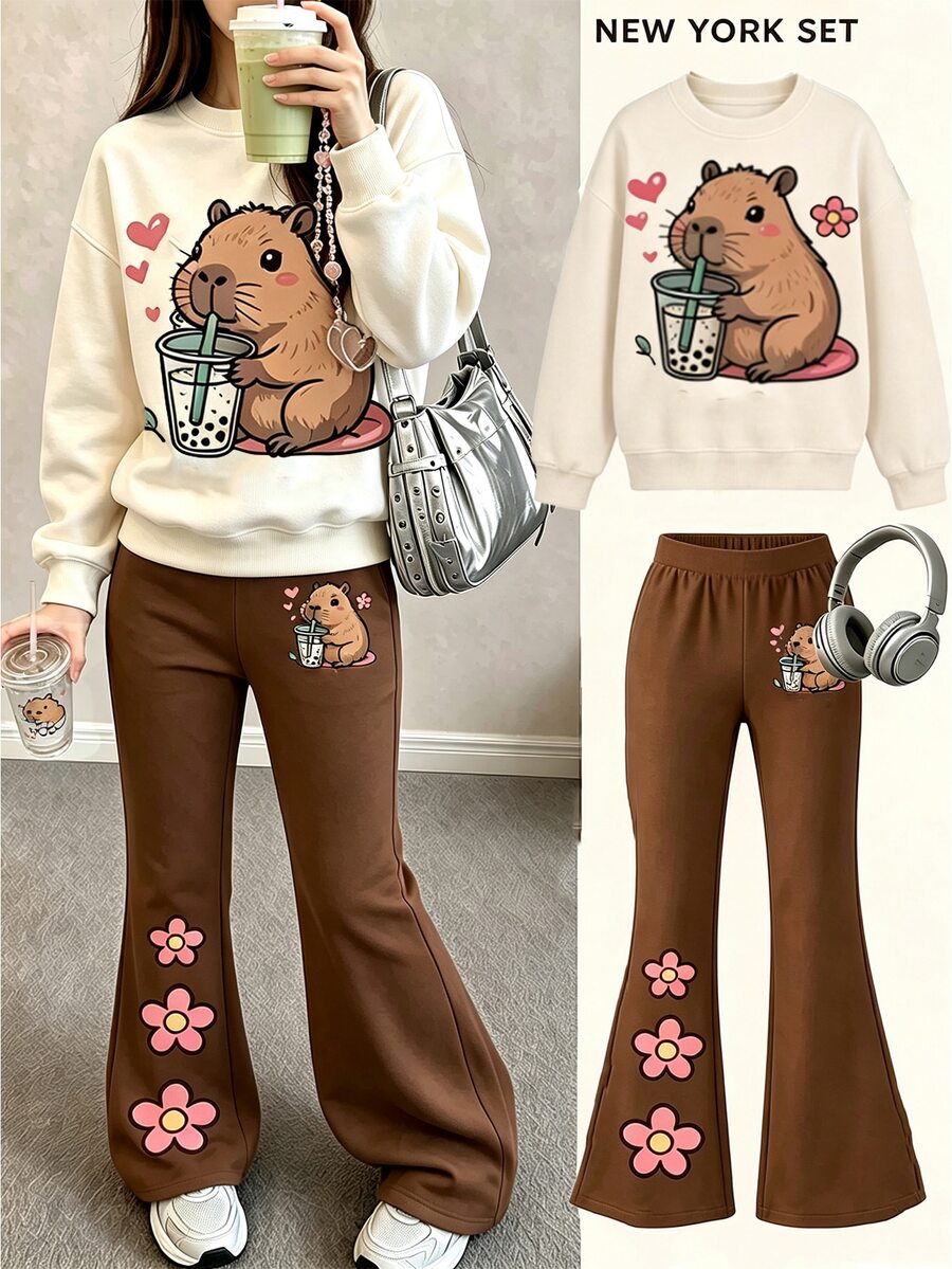 Tween Girls Casual Cute Autumn Sweet Capybara Print, Maillard Color Palette, Crew Neck Sweatshirt & Elastic Waist Long Pants Set, Suitable For Autumn/Winter Chill, Kawaii, Cozy Fall & Winter Styles - Multicolor - View 1