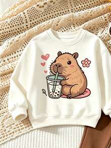 Tween Girls Casual Cute Autumn Sweet Capybara Print, Maillard Color Palette, Crew Neck Sweatshirt & Elastic Waist Long Pants Set, Suitable For Autumn/Winter Chill, Kawaii, Cozy Fall & Winter Styles - Multicolor - View 4