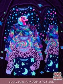 SHEIN 女童秋冬針織螢光可愛獨角獸與星星圖案圓領T恤+長褲貼身居家服4件套，抓絨內裡刷毛厚實面料，適合秋冬，隨機發貨2件 - 黑色 - 查看 8