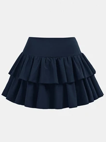 SHEIN 兒童青少年女孩休閒運動學院風返校穿搭 白色內建內搭褲雙層荷葉邊蛋糕迷你裙 交叉腰設計短裙 - 藏蓝色 - 查看 2