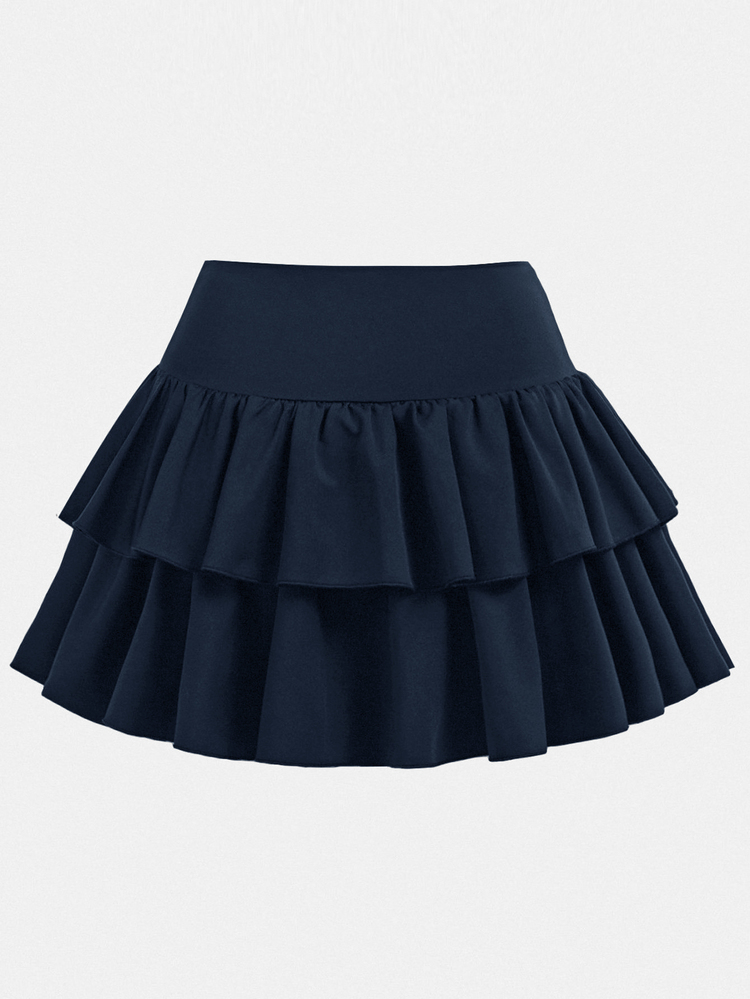 SHEIN Kids Teen Girls Casual, Sporty, Preppy, Back To School, White Built-In Leggings Double Layer Ruffle Cake Skirt, Cross Waist Design Mini Skirt - Navy Blue - View 2