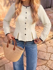 Vivid Eden Elegant Autumn/Winter Lace Patchwork Button Long Sleeve Blouse - Apricot - View 5