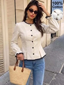 Vivid Eden Elegant Autumn/Winter Lace Patchwork Button Long Sleeve Blouse - Apricot - View 1