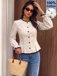 Vivid Eden Elegant Autumn/Winter Lace Patchwork Button Long Sleeve Blouse - Apricot - View 2