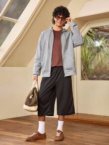 Whitmere Áo nỉ hoodie nam dáng rộng vai trễ, khóa kéo, có túi, màu trơn, cho mùa xuân thu đông - Xám - Xem 3