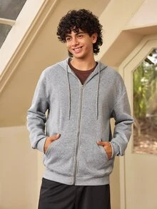 Whitmere Áo nỉ hoodie nam dáng rộng vai trễ, khóa kéo, có túi, màu trơn, cho mùa xuân thu đông - Xám - Xem 5