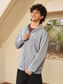 Whitmere Áo nỉ hoodie nam dáng rộng vai trễ, khóa kéo, có túi, màu trơn, cho mùa xuân thu đông - Xám - Xem 4