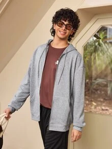 Whitmere Áo nỉ hoodie nam dáng rộng vai trễ, khóa kéo, có túi, màu trơn, cho mùa xuân thu đông - Xám - Xem 1