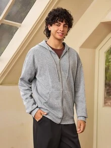 Whitmere Áo nỉ hoodie nam dáng rộng vai trễ, khóa kéo, có túi, màu trơn, cho mùa xuân thu đông - Xám - Xem 6