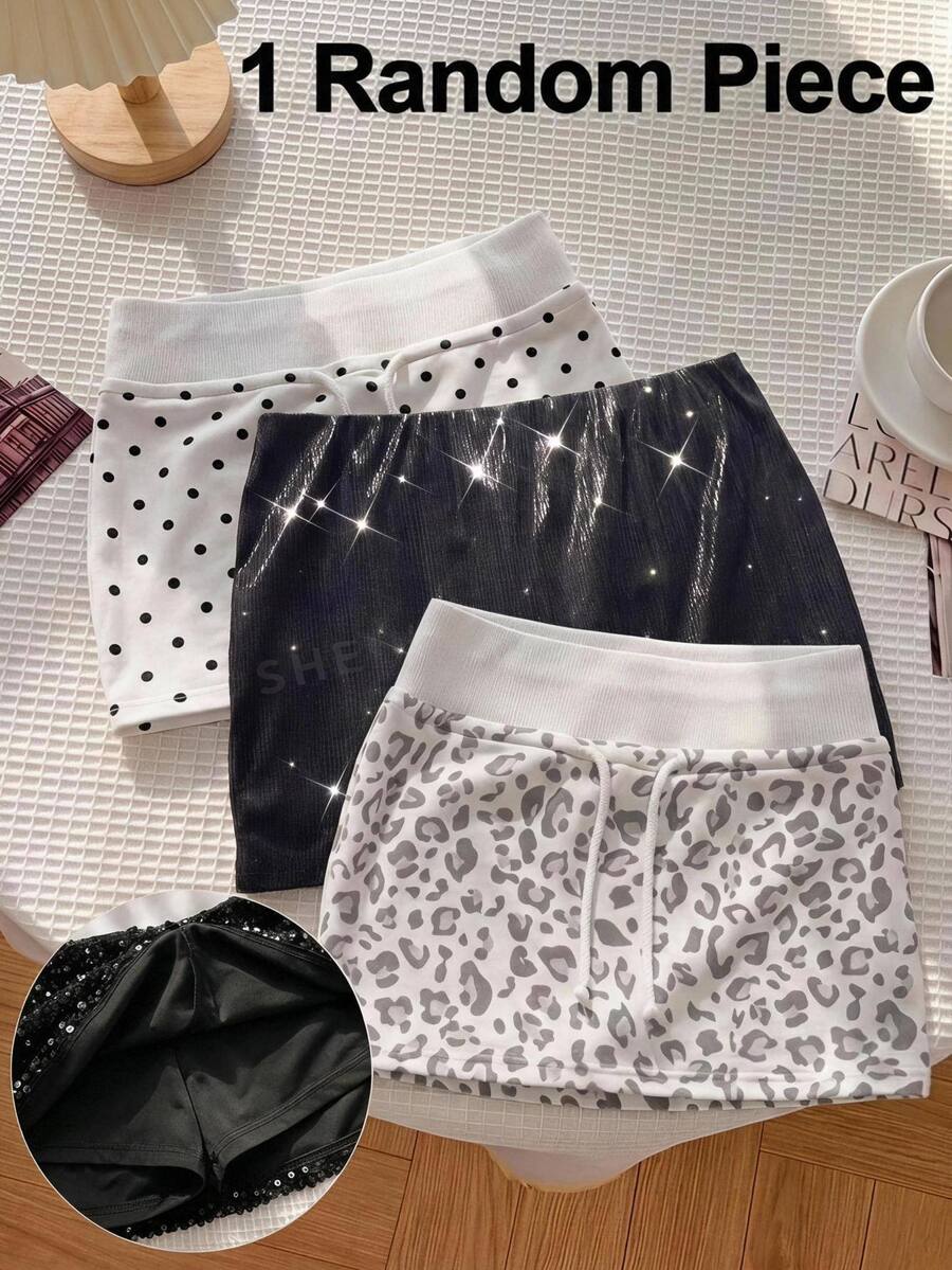 SHEIN 青少年女孩黑色低腰迷你裙,PU內建短褲,休閒純色低腰迷你裙 - 黑色 - 查看 1