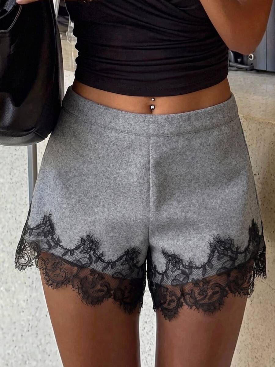 Siren Gaze Women's Autumn/Winter Wool-Blend Shorts With Lace Paneling – Casual, Sexy, And Elegant Everyday Shorts (Grey) - Grey - View 1