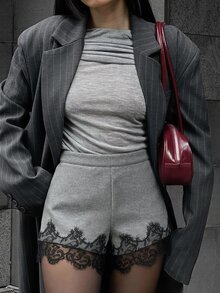 Siren Gaze Women's Autumn/Winter Wool-Blend Shorts With Lace Paneling – Casual, Sexy, And Elegant Everyday Shorts (Grey) - Grey - View 10