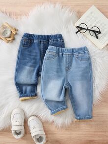 2pcs/Set Baby Boy Fall/Winter Casual Soft Warm Blue Denim Fleece Lined Stretch Skinny Jeans, For Daily-Wear, Warm Jeans - Blue - View 3