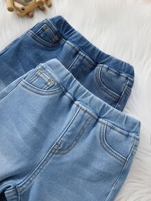 2pcs/Set Baby Boy Fall/Winter Casual Soft Warm Blue Denim Fleece Lined Stretch Skinny Jeans, For Daily-Wear, Warm Jeans - Blue - View 4