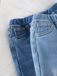 2pcs/Set Baby Boy Fall/Winter Casual Soft Warm Blue Denim Fleece Lined Stretch Skinny Jeans, For Daily-Wear, Warm Jeans - Blue - View 5