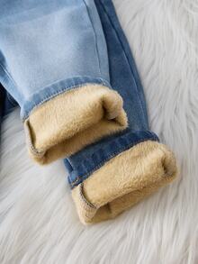 2pcs/Set Baby Boy Fall/Winter Casual Soft Warm Blue Denim Fleece Lined Stretch Skinny Jeans, For Daily-Wear, Warm Jeans - Blue - View 6