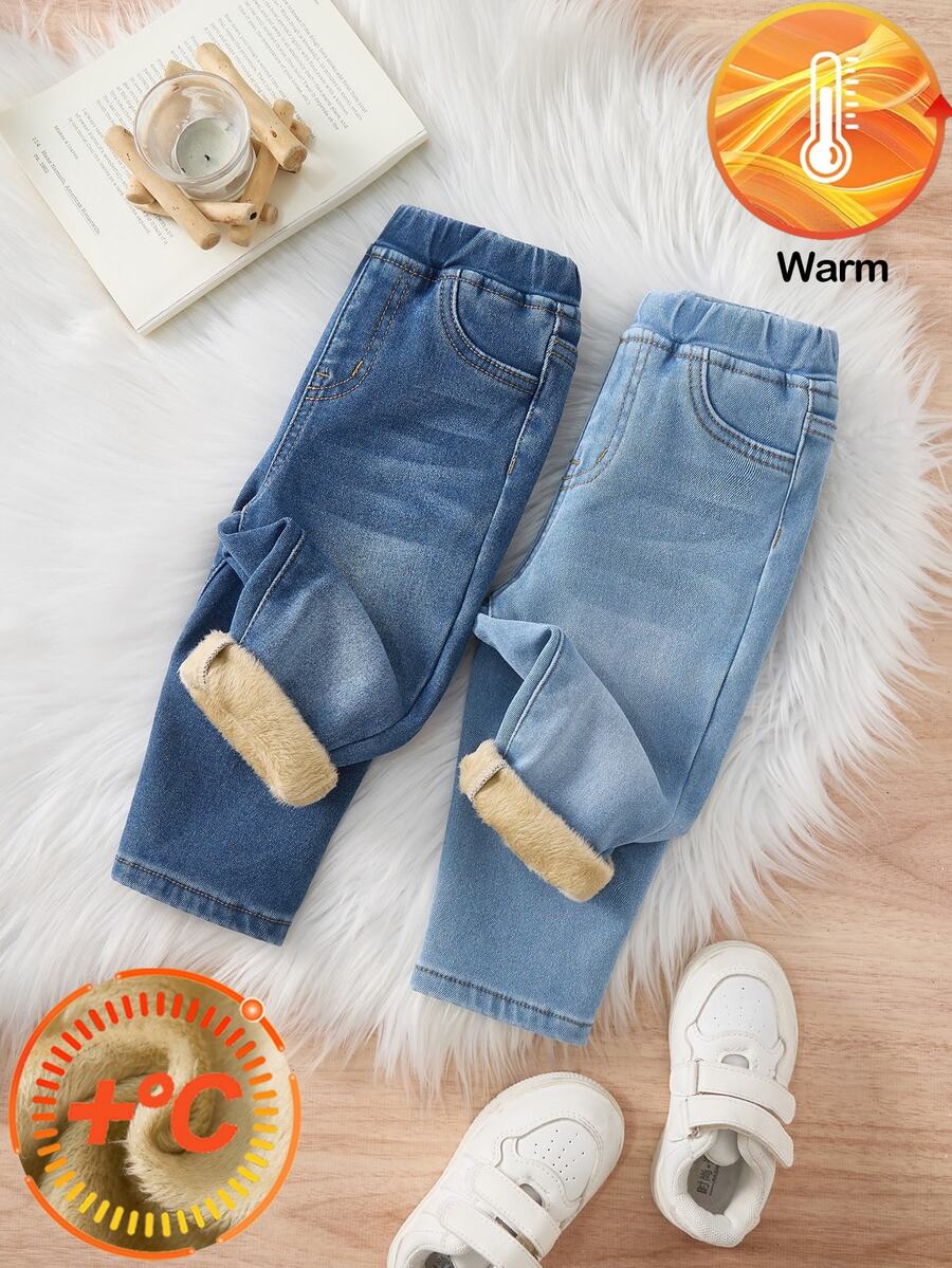 2pcs/Set Baby Boy Fall/Winter Casual Soft Warm Blue Denim Fleece Lined Stretch Skinny Jeans, For Daily-Wear, Warm Jeans - Blue - View 1