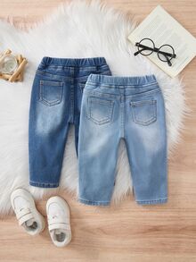2pcs/Set Baby Boy Fall/Winter Casual Soft Warm Blue Denim Fleece Lined Stretch Skinny Jeans, For Daily-Wear, Warm Jeans - Blue - View 2