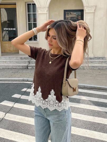Serisse Women's Elegant Lace Patchwork Casual Versatile Daily Short Sleeve Sweater,Lace Trim Hem, Contrast Color Brown Sweater For Everyday Fall Winter Outfit