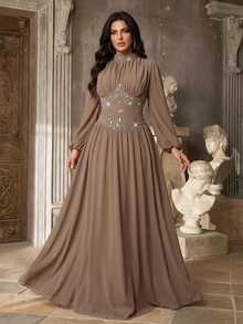 Aureia Plus Size Elegant Romantic Deep Apricot Chiffon Evening Gown With Small Stand Collar, Puff Long Sleeves, Heavy Rhinestone Embellished Waist And Large A-Line Skirt, Suitable For Wedding, Party, Celebration, Formal Event And Dinner - Apricot - View 7