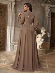 Aureia Plus Size Elegant Romantic Deep Apricot Chiffon Evening Gown With Small Stand Collar, Puff Long Sleeves, Heavy Rhinestone Embellished Waist And Large A-Line Skirt, Suitable For Wedding, Party, Celebration, Formal Event And Dinner - Apricot - View 5