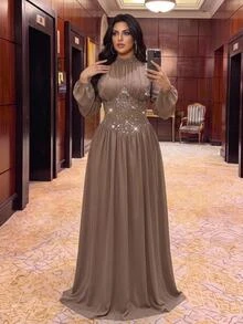 Aureia Plus Size Elegant Romantic Deep Apricot Chiffon Evening Gown With Small Stand Collar, Puff Long Sleeves, Heavy Rhinestone Embellished Waist And Large A-Line Skirt, Suitable For Wedding, Party, Celebration, Formal Event And Dinner - Apricot - View 2