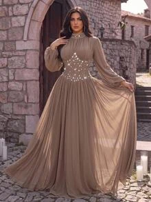 Aureia Plus Size Elegant Romantic Deep Apricot Chiffon Evening Gown With Small Stand Collar, Puff Long Sleeves, Heavy Rhinestone Embellished Waist And Large A-Line Skirt, Suitable For Wedding, Party, Celebration, Formal Event And Dinner - Apricot - View 1