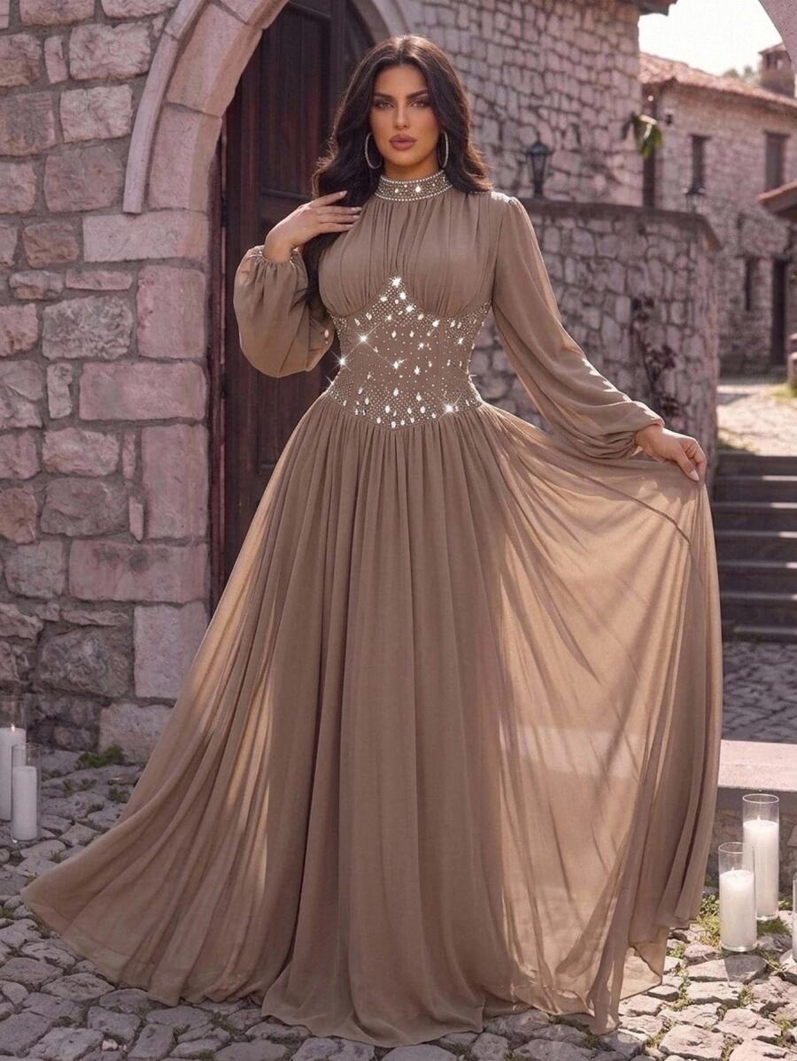 Aureia Plus Size Elegant Romantic Deep Apricot Chiffon Evening Gown With Small Stand Collar, Puff Long Sleeves, Heavy Rhinestone Embellished Waist And Large A-Line Skirt, Suitable For Wedding, Party, Celebration, Formal Event And Dinner - Apricot - View 1