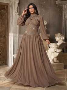 Aureia Plus Size Elegant Romantic Deep Apricot Chiffon Evening Gown With Small Stand Collar, Puff Long Sleeves, Heavy Rhinestone Embellished Waist And Large A-Line Skirt, Suitable For Wedding, Party, Celebration, Formal Event And Dinner - Apricot - View 6