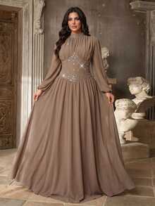 Aureia Plus Size Elegant Romantic Deep Apricot Chiffon Evening Gown With Small Stand Collar, Puff Long Sleeves, Heavy Rhinestone Embellished Waist And Large A-Line Skirt, Suitable For Wedding, Party, Celebration, Formal Event And Dinner - Apricot - View 4