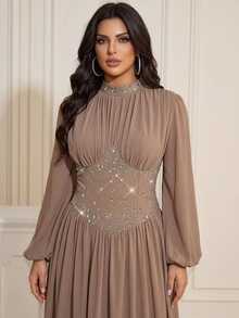 Aureia Plus Size Elegant Romantic Deep Apricot Chiffon Evening Gown With Small Stand Collar, Puff Long Sleeves, Heavy Rhinestone Embellished Waist And Large A-Line Skirt, Suitable For Wedding, Party, Celebration, Formal Event And Dinner - Apricot - View 3