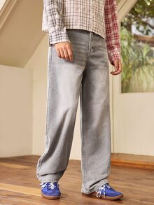 Whitmere Men's Vintage Black Washed Denim Jeans, New High‑Street Curved‑Blade Design Loose Drapey Trousers For Autumn & Winter - Grey - View 1