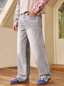 Whitmere Men's Vintage Black Washed Denim Jeans, New High‑Street Curved‑Blade Design Loose Drapey Trousers For Autumn & Winter - Grey - View 5