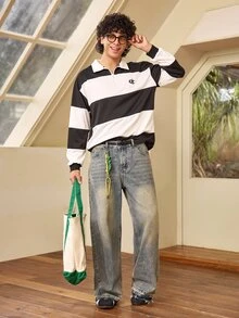 Whitmere Men's Retro Loose Wide-Leg Jeans, Distressed Frayed Hem, Casual Street Style Suitable For All Seasons - Mustard Yellow - View 3